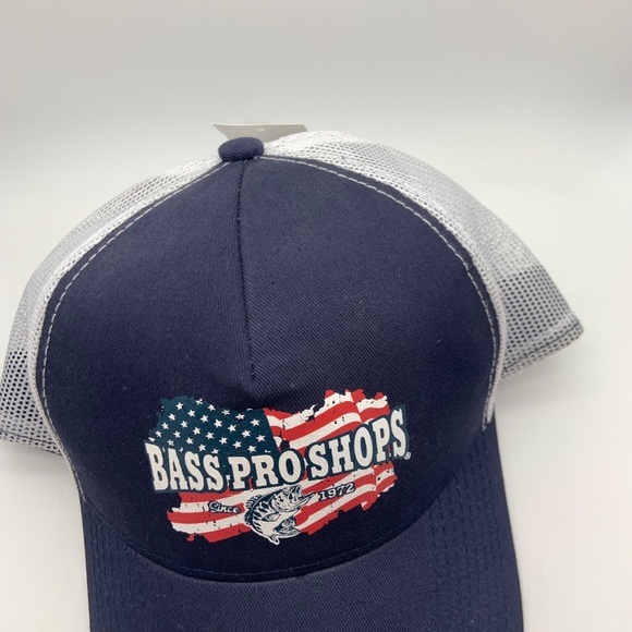 Bass Pro Shop American Flag Fishing Meshback Snapback in Navy/White - Picture 14 of 15